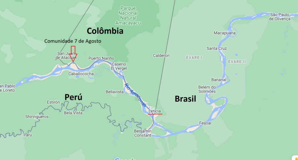 Mapa da Amazónia colombiana com indicação da localização de Letícia e da Comunidade Indígena 7 de Agosto