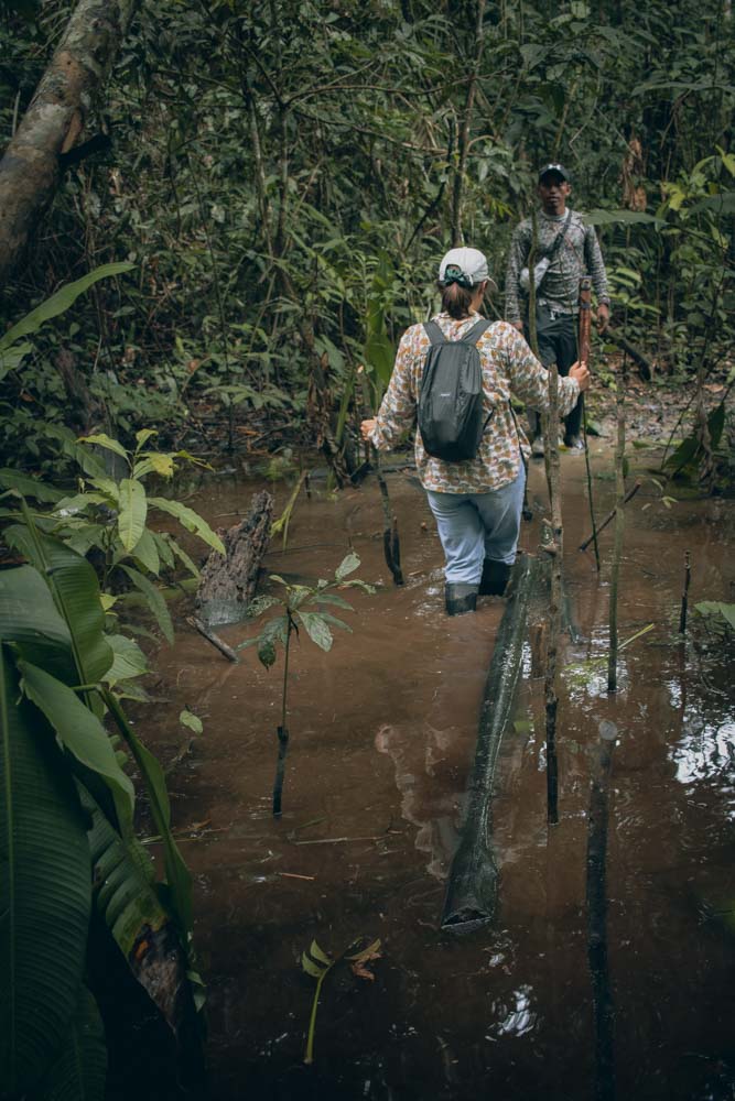 Ana a caminhar num charco na Amazónia colombiana