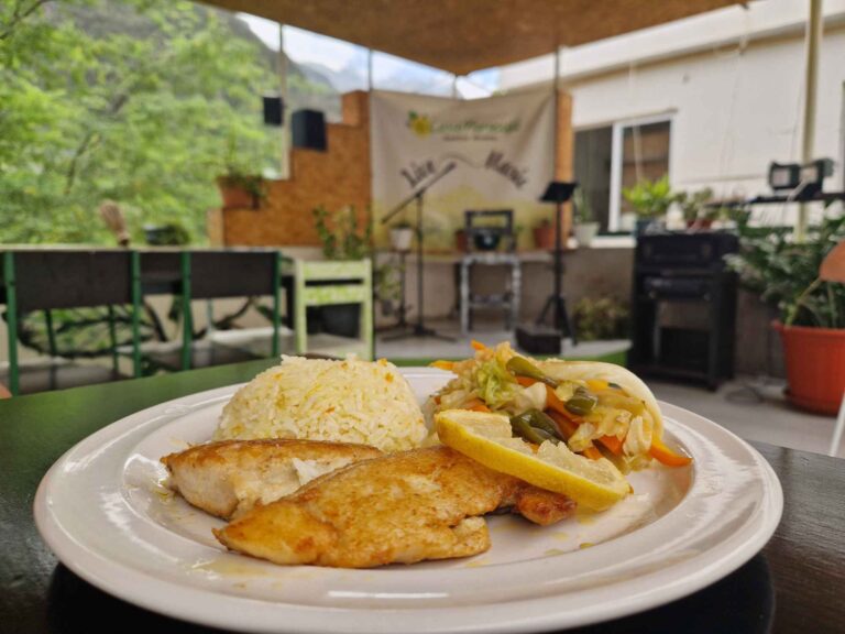 Prato de peixe, arroz, salada e limão, com mesas de restaurante ao fundo, no Paúl