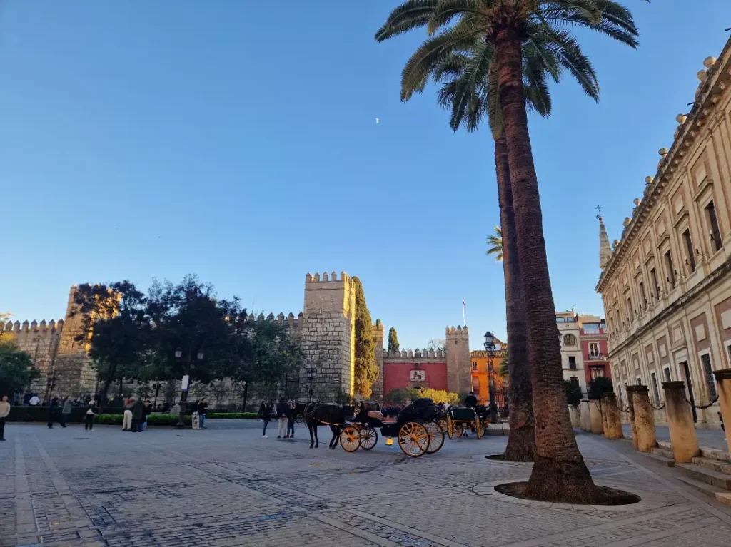 Praça do Alcáçar de Sevilha com várias charretes e palmeiras altas em frente