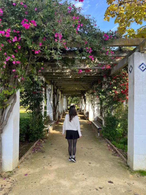 Pessoa a caminhar sob ramadas repletas de flores no Parque Maria Luísa em Sevilha