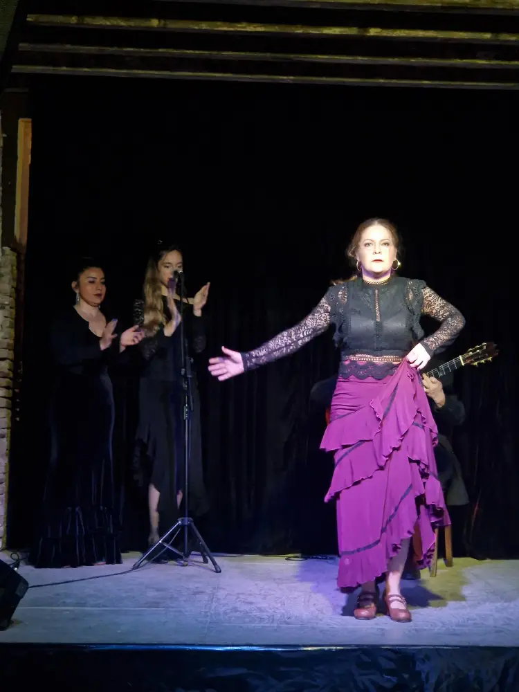 Mulher a dançar flamenco vestida em tons de roxo e preto em cima de um palco, e duas pessoas a aplaudir